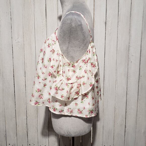 Forever 21 Crop Top M Cream Floral Ruffle Cottage Coquette Peasant Fairy Y2K - Picture 3 of 6